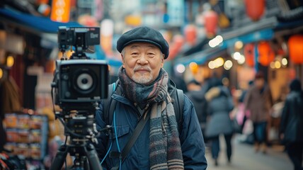 Cinematic shot, South Korean film director, overseeing a dramatic scene on a bustling Seoul street. - obrazy, fototapety, plakaty