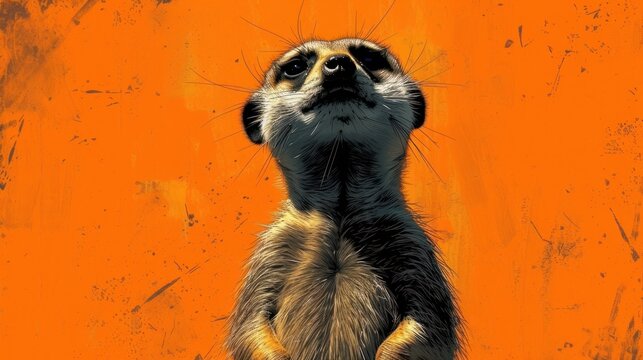  a painting of a meerkat standing on its hind legs in front of an orange wall with a grungy look on it's face and eyes.