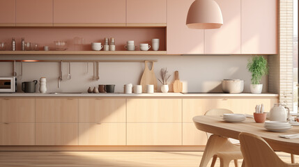 Fototapeta na wymiar A light-peach color kitchen with pink cabinetry, wooden table and chairs, and wood flooring