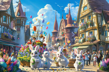 Festive Easter Celebration in a Bustling Village Square with Bunnies and Balloons