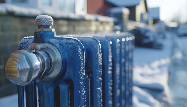 Frozen home heating radiator illustrating freezing winter and heat energy crisis concepts