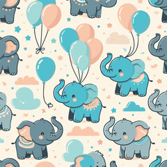Cute elephant with balloon cartoon doodle seamless pattern
