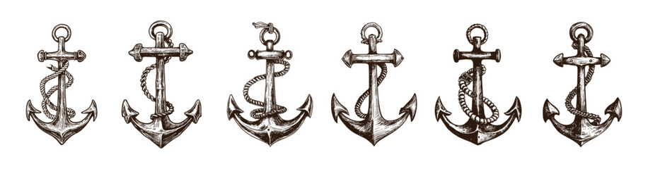 Collection of drawn Anchors. Sketch illustration