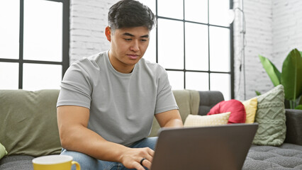 Handsome asian man using laptop in a modern apartment living room.