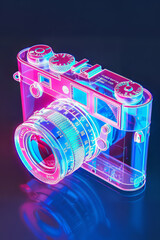 Neon Glow: Transparent Analog Camera in Isometric View
