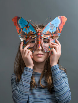 Une jeune fille tenant devant ses yeux un masque en forme de papillon, cachant partiellement son visage