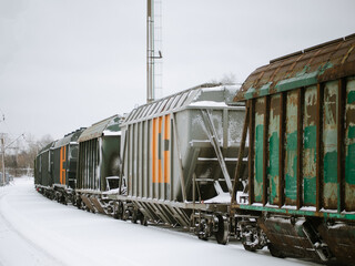 railway freight cars on the rails in winter