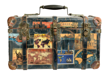 Vintage suitcase with travel stickers and world map, cut out - stock png.