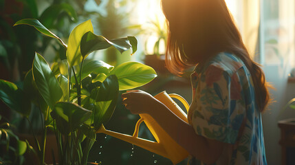 Uma mulher cuidando de uma planta vibrante em meio a uma atmosfera acolhedora e convidativa - obrazy, fototapety, plakaty
