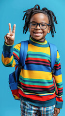 A smiling dark-skinned boy with dreadlocks, wearing a multi-colored bright sweater, shows a peace sign, on a blue background