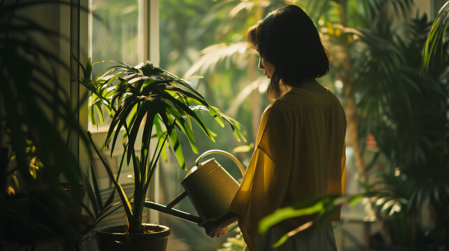 Uma mulher cuidando de uma planta vibrante em meio a uma atmosfera acolhedora e convidativa