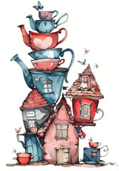 Th&eacute;i&egrave;res et tasses empil&eacute;es sur des maisons de conte de f&eacute;es