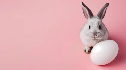 Foto op Plexiglas Petit lapin posant à côté d'un œuf blanc sur un fond rose pastel - avec espace pour texte © Valrie