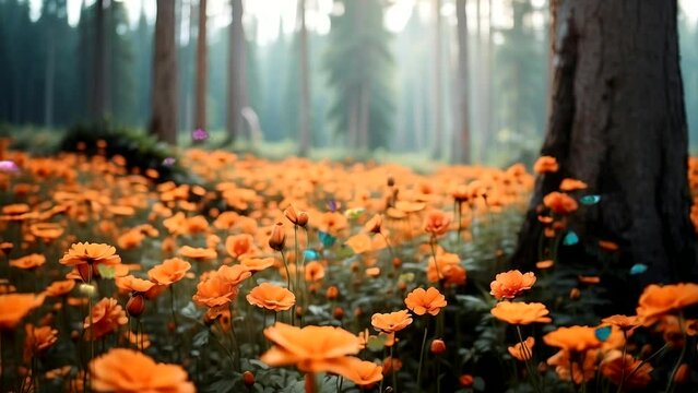 In the flower fields of the forest, the beauty is incomparable. Flowers blossom, butterflies dance seamless looping time-lapse 4k animation video background  Generated AI