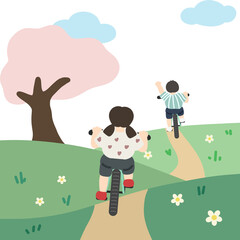 Obraz na płótnie Canvas 언덕 위 자전거 타는 어린이 뒷모습
