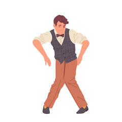 Naklejka premium Funky retro-styled man cartoon character dancing twist winking eye isolated on white background
