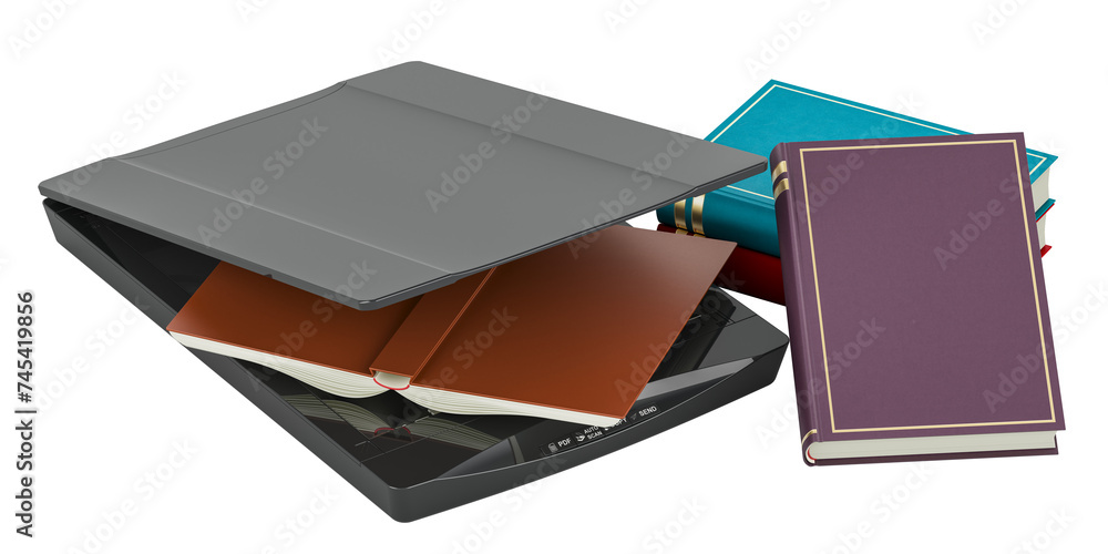 Poster flatbed scanner with books. scanner scanning books, 3d rendering isolated on transparent background