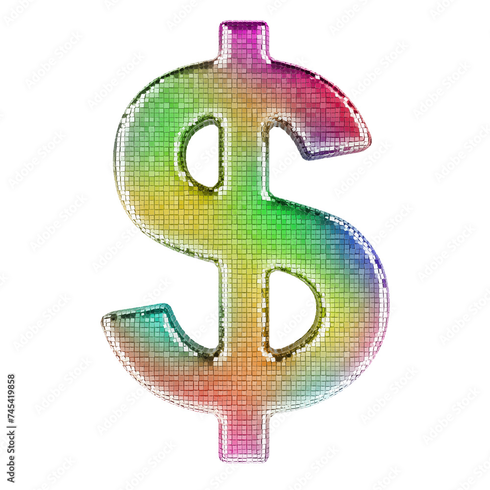 Poster dollar sign from glitter mirror facets. 3d rendering isolated on transparent background