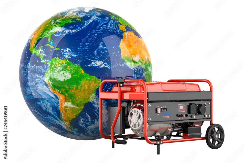 Poster gasoline generator with earth globe, 3d rendering isolated on transparent background