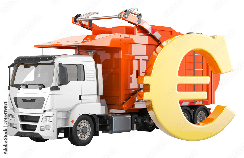 Poster garbage truck with euro sign, 3d rendering isolated on transparent background