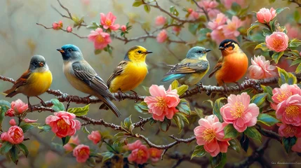 Foto op Plexiglas Colorful Bird. Songbird in Cherry Blossoms © EwaStudio