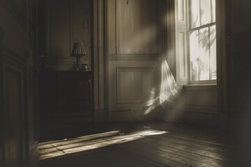 Mysterious and ethereal figure captured in a beam of light within a shadowy, vintage room. Place for text - obrazy, fototapety, plakaty