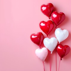 Red heart shaped balloons on pink background