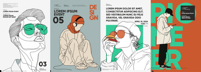 A series of four modern typographic posters showcasing stylized portraits of people with an emphasis on fashion, paired with bold lettering and a contemporary color scheme.