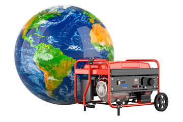 Gasoline Generator with Earth Globe, 3D rendering isolated on transparent background