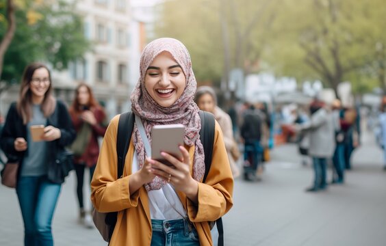 A beautiful Muslim student wearing a hijab is seen using a smartphone while strolling through the urban streets, seamlessly blending tradition with modernity in a diverse and vibrant cityscape
