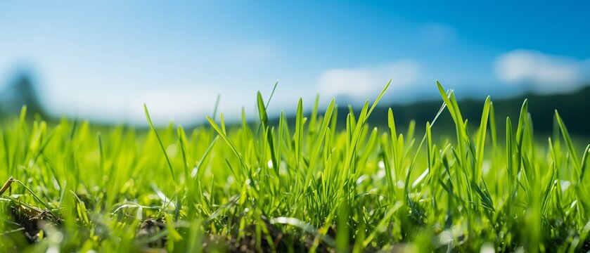 Young green grass growing in soil, closeup. Spring nature background