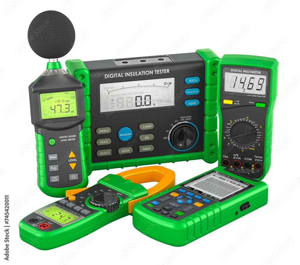 Poster set of digital measuring devices. digital sound level meter, oscilloscope, multimeter, clamp meter m
