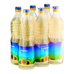 Sunflower Oil bottles wrapped in the shrink film, 3D rendering isolated on transparent background