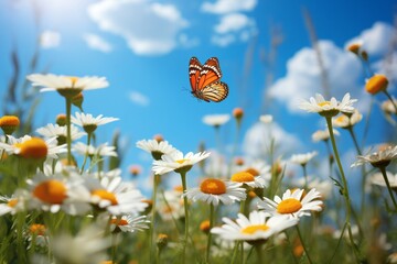 Butterfly on camomile field. Summer nature background.