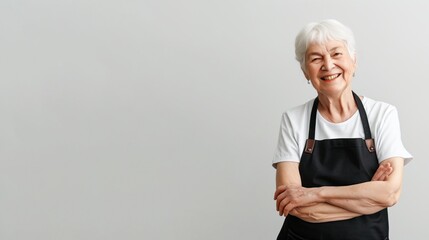 Smiling senior woman with white hair wearing a black apron over a white shirt, arms crossed,...