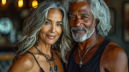 Portrait of a mature fit interracial couple married and in love.