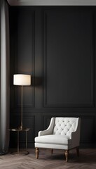 Modern interior design with upholstered furniture set against a traditional dark wall for the home or business.