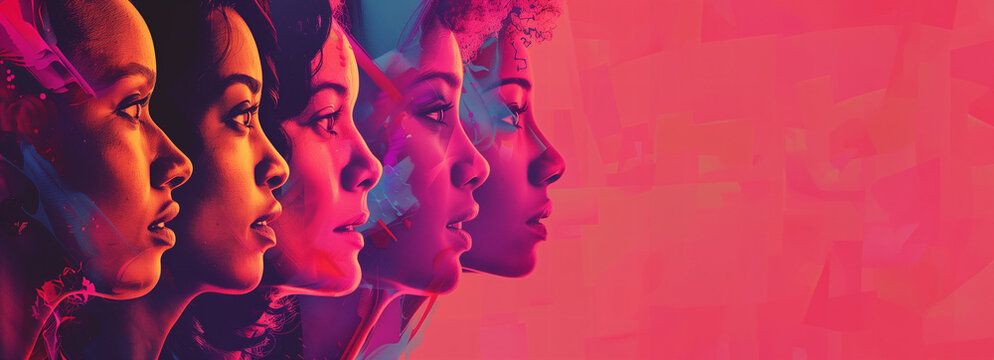 A row of female faces against a gradient background. Holiday concept. Image for International Women's Day. Poster for diversity and inclusion. Banner with copy space for a women's rights organization.