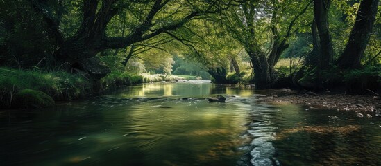 A river flows smoothly through a dense, vibrant forest, surrounded by lush green trees and vegetation. The water glistens under the sunlight as it winds its way through the captivating landscape.