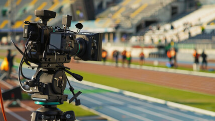 Broadcast camera overlooking a sports track, poised to capture the thrill of the race