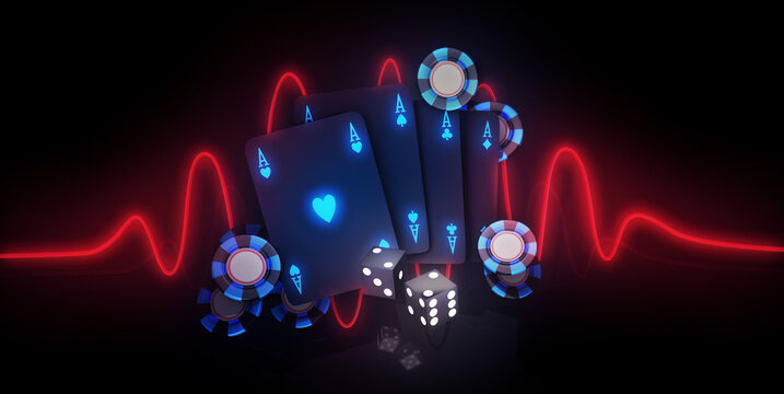 Online casino games, 3D illustration gambling concept. Playing cards, tokens, poker chips, dices, a bet background template with dark neon lights