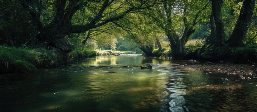 A river flows smoothly through a dense, vibrant forest, surrounded by lush green trees and vegetation. The water glistens under the sunlight as it winds its way through the captivating landscape.