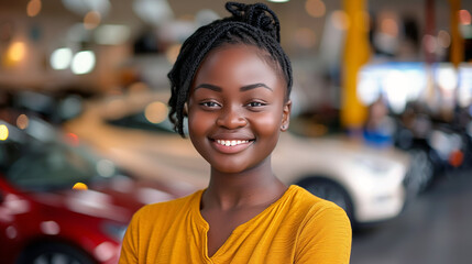 Portrait of a happy dark-skinned african woman standing in a car showroom. - obrazy, fototapety, plakaty