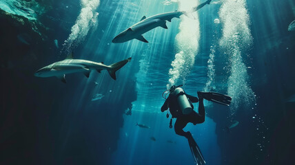 Fototapeta premium Underwater explorer encounters the silent grace of sharks in a sunlit ocean