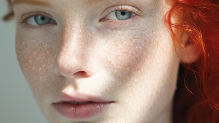 Fiery locks and a sprinkle of freckles, a redhead's close-up with piercing blue eyes