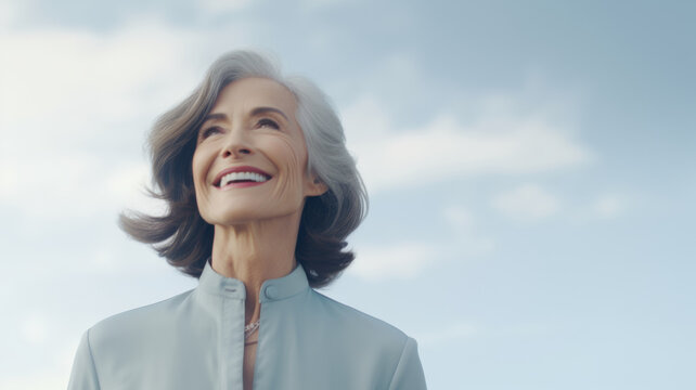 Elegance and grace in every year, a senior woman looks optimistically towards the sky.