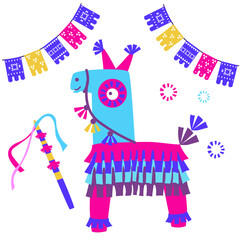 cartoon animal pinata isolated on white background. Vector illustration of colorful paper accessories in shape of pink llama, for party © Elizaveta