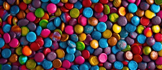Fototapeta na wymiar A large quantity of vibrant and colorful candy beans spread across a round background, creating an eye-catching display of sweet treats. The beans come in various shades and flavors, making for a