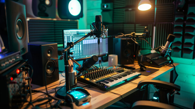 A modern music studio aglow with neon lights, ready for creative soundscapes to come to life