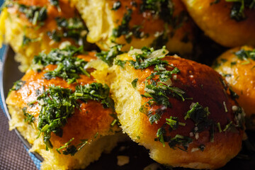 Close-up of garlic bread with parsley. Food photography for recipe and menu